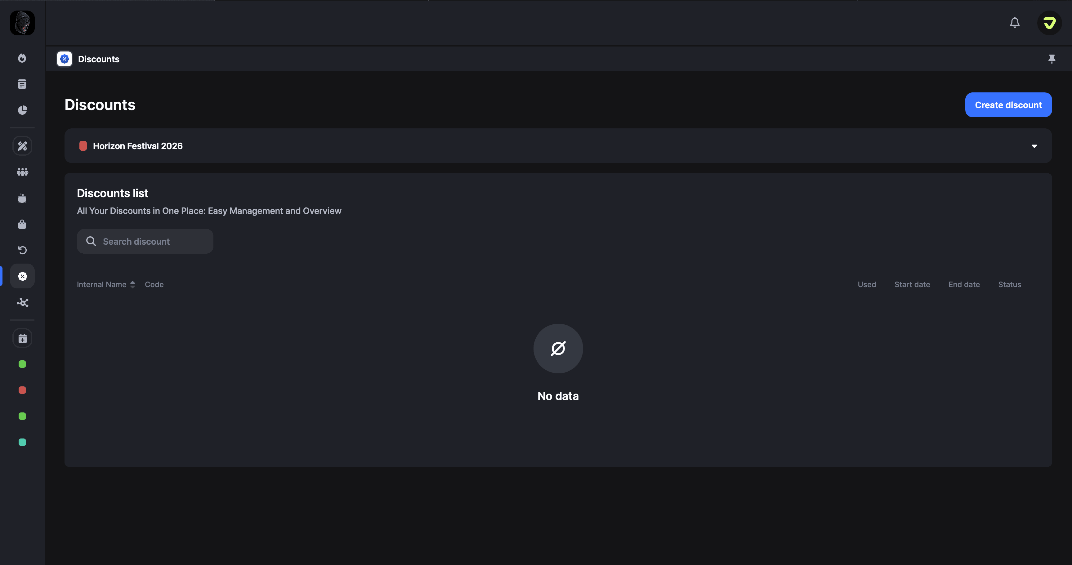 Discounts app dashboard in empty state with create discount button for Horizon Festival 2026