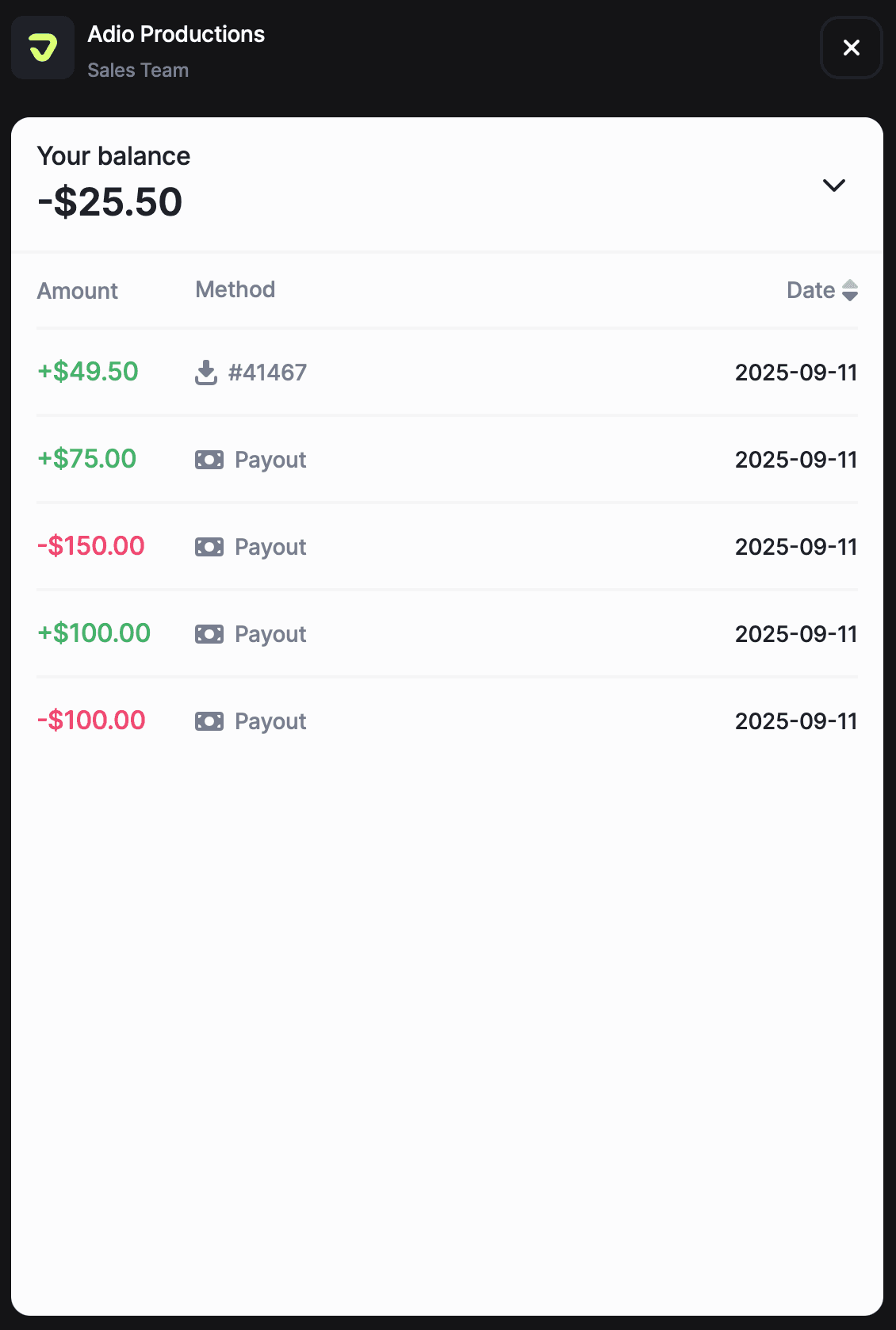 Commission balance report showing payouts and transaction history