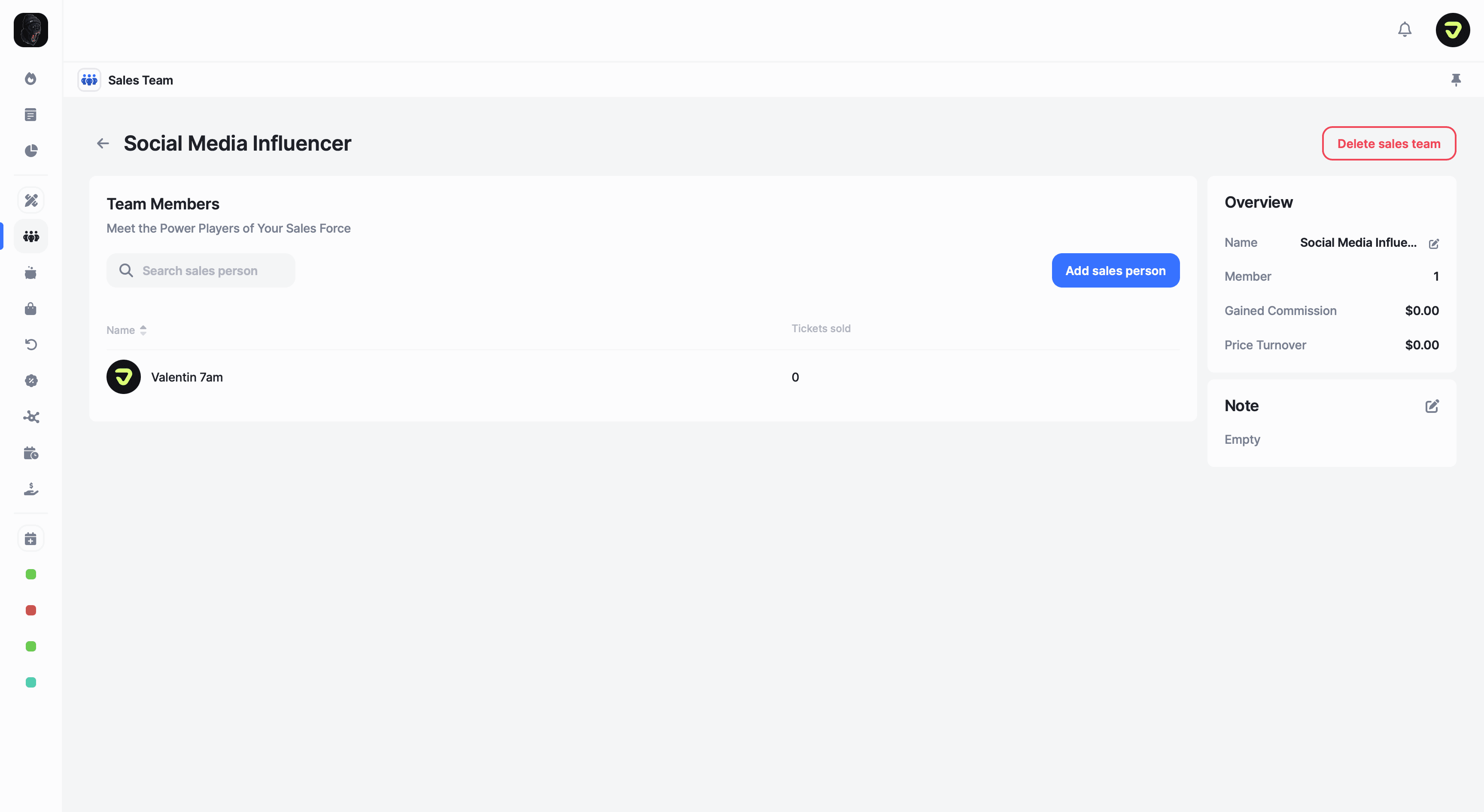 Sales team management dashboard showing member performance and commission tracking