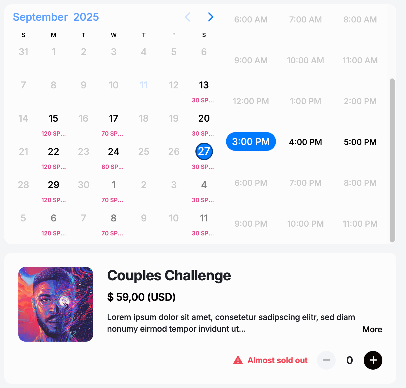 Customer booking calendar showing September 2025 with available capacity displayed for each date