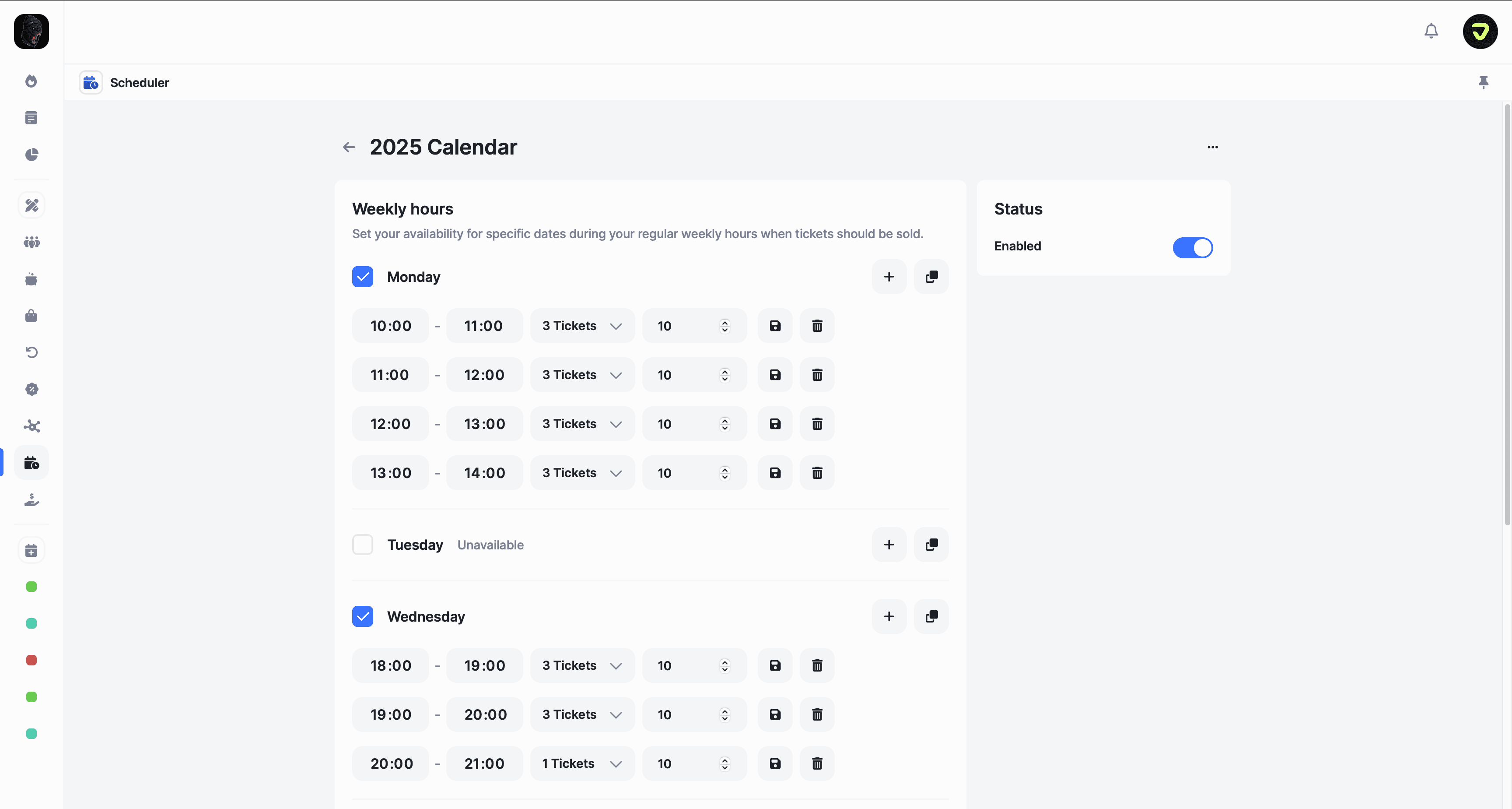 Scheduler weekly hours setup showing Monday timeslots from 10AM to 2PM with 3 tickets per slot